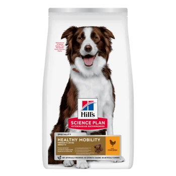 Hill's Science Plan Futtertüte mit braun-weißem Hund, Spezialprodukt ‚Healthy Mobility‘, mit Huhn.