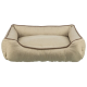 Ein gemütliches, rechteckiges Haustierbett aus hellbeigem Stoff mit braunem Rand, mit weichen, gepolsterten Seiten und einer flachen Liegefläche.
