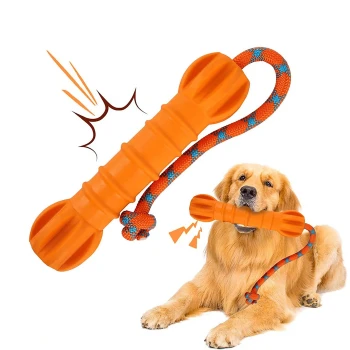 Golden Retriever hält ein orangefarbenes Gummi-Hantel-Kauspielzeug mit angebrachtem blau-orange geflochtenem Seil.