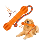 Golden Retriever hält ein orangefarbenes Gummi-Hantel-Kauspielzeug mit angebrachtem blau-orange geflochtenem Seil.