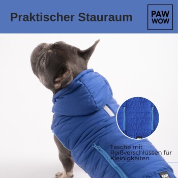 Ein Französischer Bulldogge in einer blauen Daunenjacke mit Kapuze, mit dem Text: "Praktischer Stauraum" und "Tasche mit Reißverschlüssen."