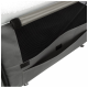 Nahaufnahme einer grauen Tiertransportbox mit einer Netztasche und einem aufrollbaren Deckel, der für einfachen Zugang und Belüftung konzipiert ist.