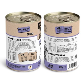 Dosenfutter für Hunde mit beiger und lila Verpackung, mit '100% rein, 100% echt, 100% Futter' und 'Soooo lecker!' auf der Vorderseite.