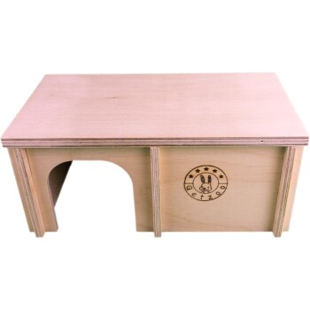 Holzhaustierhaus mit einem Eingang, das das Logo "Getzoo" und eine Kaninchenillustration zeigt.