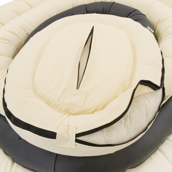 Eine Nahaufnahme eines Haustierbettes mit einem cremefarbenen Kissen mit einem Reißverschluss, umgeben von einer dunkelgrauen äußeren Schicht.