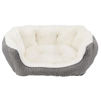 Grau gestreiftes Hundebett mit plüschigem weißen Innenraum, mit einem gepolsterten Design für Komfort.