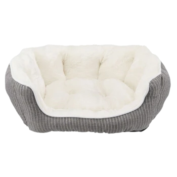 Grau gestreiftes Hundebett mit plüschigem weißen Innenraum, mit einem gepolsterten Design für Komfort.