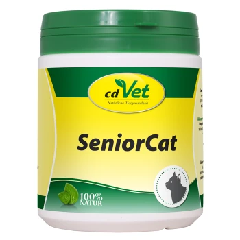 Behälter von cdVet SeniorCat, einem natürlichen Ergänzungsmittel für ältere Katzen, mit einem grünen Deckel und einem gelben Etikett mit einer Katzensilhouette.