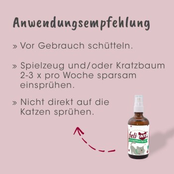Eine "feliTATZ" Katzenminzsprayflasche auf einem rosa Hintergrund, mit deutschen Gebrauchsanweisungen für Spielzeuge und Kratzbäume.
