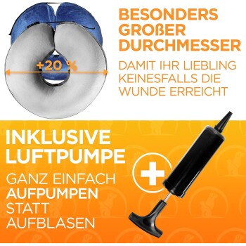 Aufblasbarer Haustierkragen mit großem Durchmesser, inklusive Pumpe, mit deutschem Text über die Verhinderung, dass Haustiere Wunden erreichen.