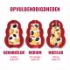 Drie rode hondenvormige traktatiepuzzels gevuld met witte yoghurtachtige vulling en snoepjes; tekst: 'OPVULBENODIGDHEDEN', 'GEMAKKELIJK', 'MEDIUM', 'MOEILIJK'.