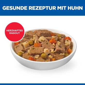 Gamelle de ragoût de poulet en morceaux avec pois, carottes et pâtes ; texte «GESUNDE REZEPTUR MIT HUHN» et «HERZHAFTES RAGOUT»