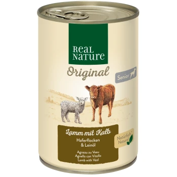 Dosenfutter für Haustiere mit der Bezeichnung "Real Nature Original Senior", das Lamm mit Kalbfleisch, Hafer und Leinsamenöl enthält.