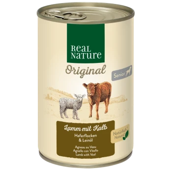 Dosenfutter für Haustiere mit der Bezeichnung "Real Nature Original Senior", das Lamm mit Kalbfleisch, Hafer und Leinsamenöl enthält.