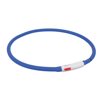 Collier pour animaux de compagnie en silicone bleu avec un fermoir ajustable blanc et rouge, conçu pour le confort et la durabilité.