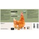 Etikett für Kieselgur-Pulver für Geflügel, mit einem braunen Huhn, mit Text, der Zutaten, Verwendung und Empfehlungen detailliert.