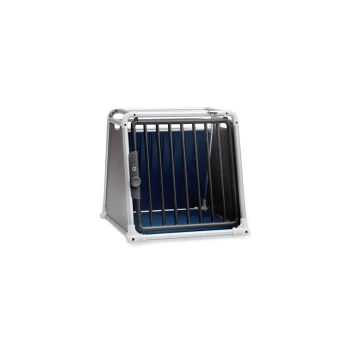 Transportbox EcoLine three S Eine robuste Haustierbox mit einem blauen Innenraum und Metallstäben, entworfen für sicheren Transport oder Einsperrung von Haustieren.