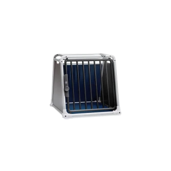 Eine robuste Haustierbox mit einem blauen Innenraum und Metallstäben, entworfen für sicheren Transport oder Einsperrung von Haustieren.