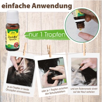 Flasche mit ZeckEx SpotOn Flohbehandlung mit Anweisungen zur Anwendung auf der Haut eines Haustieres, mit Bildern des Anwendungsprozesses.