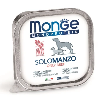 Monge Monoprotein Solomanzo Tiernahrung Verpackung, mit dem Aufdruck "Only Beef", "Grain Free Formula" und "No Dyes and Preservatives".
