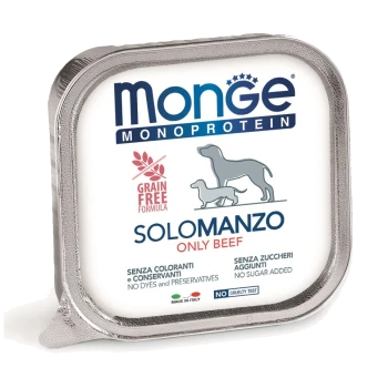Monge Monoprotein Solomanzo Tiernahrung Verpackung, mit dem Aufdruck "Only Beef", "Grain Free Formula" und "No Dyes and Preservatives".