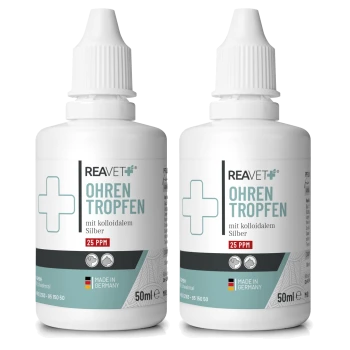 Zwei Flaschen REAVET Ohrentropfen, jeweils 50 ml, gekennzeichnet mit "mit kolloidalem Silber" und "25 PPM," hergestellt in Deutschland.