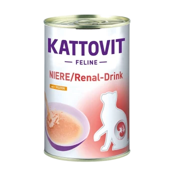 Canette de boisson rénale Kattovit pour félins, présentant un bol avec un liquide crémeux et une silhouette de chat, étiqueté "NIERE/Renal-Drink mit Huhn."