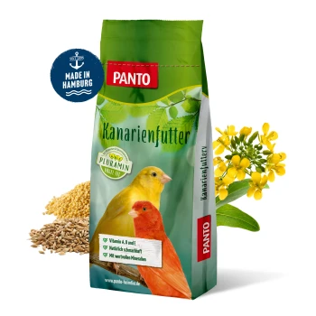 PANTO Exoten- und Kanarienfutter-Tüte mit einem gelben Kanarienvogel und einem bunten Fink auf einem Ast, mit Text, der die Vitamine A, D und E hervorhebt.