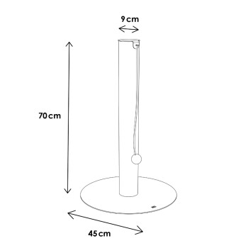Strichzeichnung eines Katzenkratzbaums: 70 cm hoher Pfosten auf 45 cm runder Basis, 9 cm oberer Durchmesser, hängender Ball als Spielzeug, mit beschrifteten Maßen.