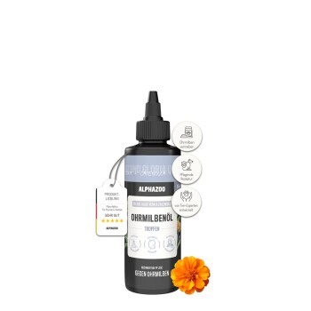 Flasche ALPHAZOO Force Ohrmilben-Öl, ein Ohrpflegeprodukt für Hunde und Katzen, mit Inhaltsstoffen wie Aloe Vera und Ringelblume.