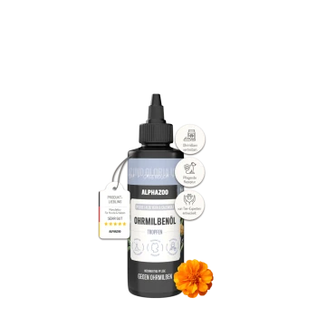 Flasche ALPHAZOO Force Ohrmilben-Öl, ein Ohrpflegeprodukt für Hunde und Katzen, mit Inhaltsstoffen wie Aloe Vera und Ringelblume.