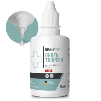 Flasche mit REAVET Ohren Tropfen Ohrentropfen, 50ml, mit einer Tropferspitze und beschriftet mit "mit kolloidalem Silber 25 PPM".