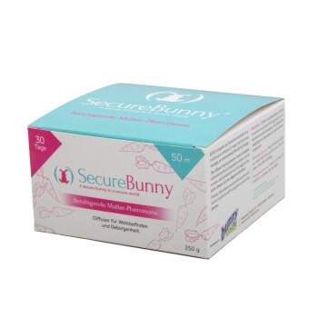 SecureBunny Beruhigungspheromon-Diffusorbox für Kaninchen, 30 Tage, deckt 50 m², 250 g, mit Text auf Deutsch über Wohlbefinden und Sicherheit.