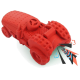 Rotes Gummispielzeug in Form eines Traktors, mit einem Lenkrad und strukturierten Rädern, mit Grafik und Soundeffekt "SQUAWK!".