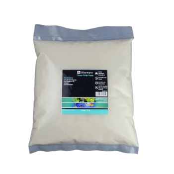 10 kg Sack Silbermann Ocean White Pearls für Aquarien, mit einem schwarzen Etikett und weiß/blauem Text zu Verwendung und Vorteilen.