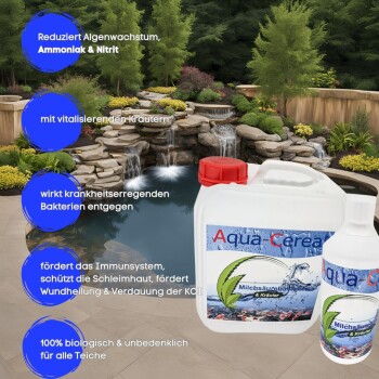 Ruhiger Gartenweiher mit einem Wasserfall und zwei Aqua Cerea Flaschen. Der Text hebt Algenreduktion, Immunsupport und organische Formel hervor.