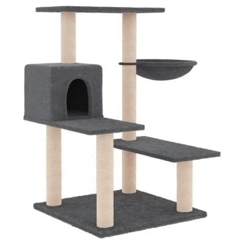 Grau Katzenbaum mit mehreren Ebenen, einem gemütlichen Versteck und einer hängenden Schüssel, entworfen zum Klettern und Entspannen.
