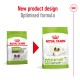 Royal Canin pet food packaging comparison showing new design for X-Small Ageing 12+, featuring a dog and text about health benefits.
