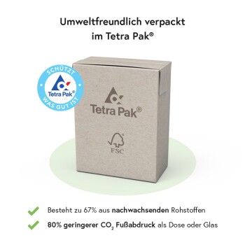 Umweltfreundliche Tetra Pak® Verpackung, mit FSC-Logo, enthält 67% nachwachsende Rohstoffe, 80% geringerer CO₂-Fußabdruck.