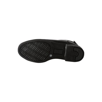 Schwarze Schuhsohle mit einem strukturierten Griffmuster und einem kleinen Logo, von unten betrachtet.