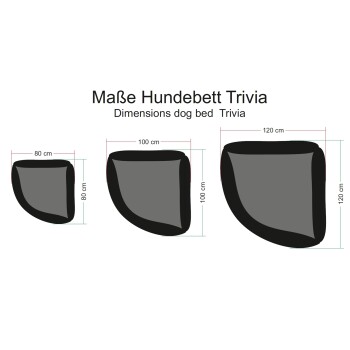 Abmessungen des Trivia-Hundebetts in drei Größen: 80x80 cm, 100x100 cm und 120x120 cm, mit beschrifteten Maßen.