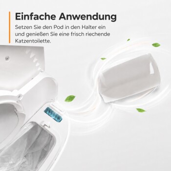 Weiße automatische Katzentoilette, die das austauschbare Duft-Pod, eine schwebende Pod-Grafik und den deutschen Text ‚Einfache Anwendung‘ zeigt.