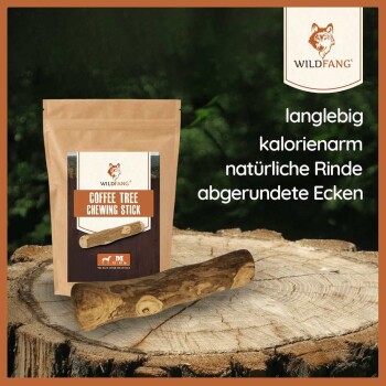 Wildfang Coffee Tree Kaustick auf einer Holzoberfläche, in brauner Verpackung mit deutschem Text über Haltbarkeit und niedrige Kalorien.