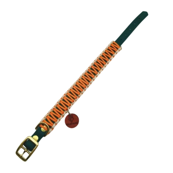 Ein bunter Hundehalsband mit orangefarbenem Paracord, das um einen grünen Lederriemen gewoben ist, mit einer goldenen Schnalle und einem kleinen Holzschild mit der Aufschrift "WILDBAN."