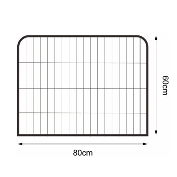 Schwarzes Metall-Haustiergitter mit den Abmessungen 80 cm Breite und 60 cm Höhe, mit einem Gitterdesign.