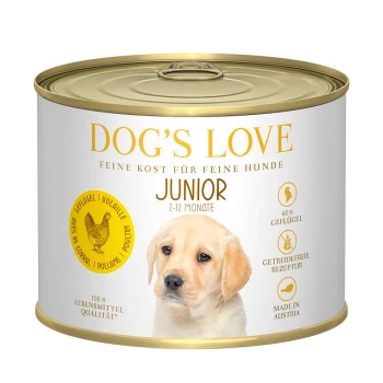 Hundefutterdose Dog's Love Junior mit leichtem Etikett, gelben Akzenten und Details: "60% Geflügel," "Mit Zucchini & Apfel." Hergestellt in Österreich.