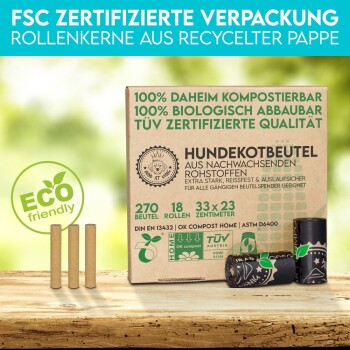 Verpackung für umweltfreundliche Hundekotbeutel, mit 270 Beuteln, 18 Rollen und den Abmessungen 33x23 cm, mit kompostierbaren und biologisch abbaubaren Angaben.