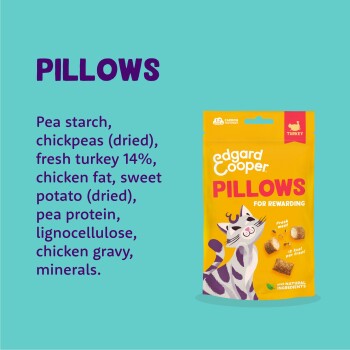 Edgard Cooper PILLOWS turkey cat treats bag with cat illustration; visible text 'fresh turkey 14%'.