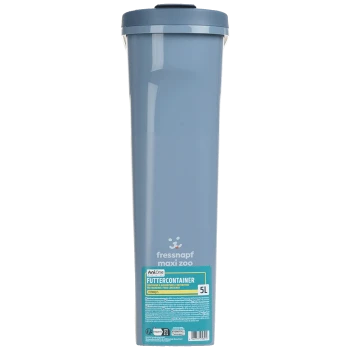 Tall blue 5L pet food container with lid, labeled "AniOne Futtercontainer" from Fressnapf Maxi Zoo.