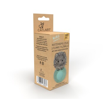 Verpackung für Katzenspielzeug mit zwei Filzkugeln, eine mit einem Mausdesign, beschriftet mit "Katzenspielzeug" und "MIAU Moments."